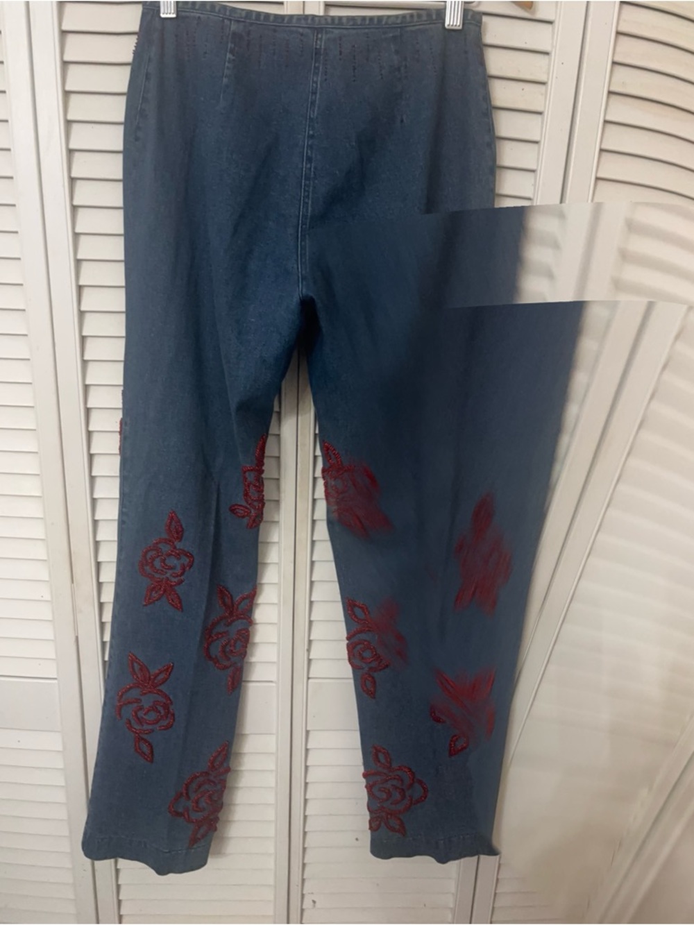 Women’s Blue Denim Jeans with Red Embroidered Accents - Picture 2 of 3